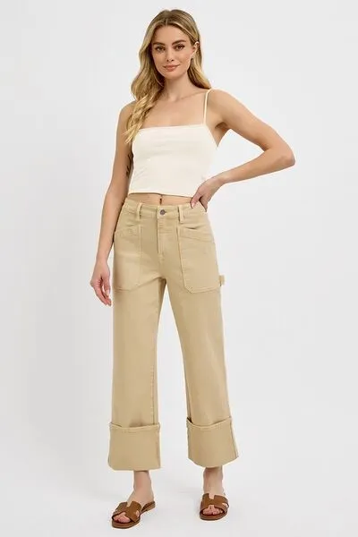 Hazel Blues® | RISEN High Rise Wide Straight Cuffed Patch Jeans