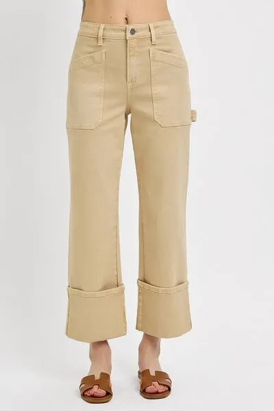 Hazel Blues® | RISEN High Rise Wide Straight Cuffed Patch Jeans