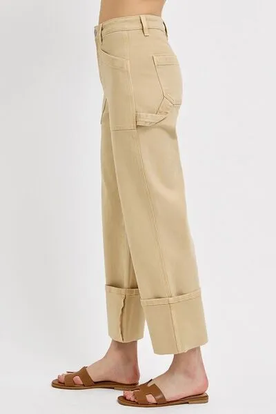 Hazel Blues® | RISEN High Rise Wide Straight Cuffed Patch Jeans