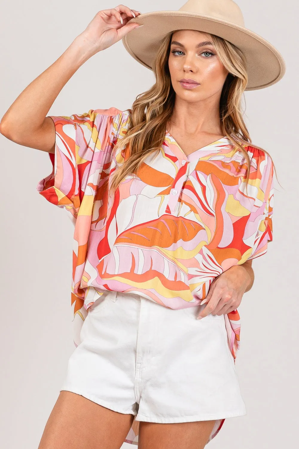 Hazel Blues® |  SAGE   FIG Abstract Print Half Button Blouse