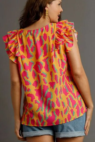 Hazel Blues® | Umgee Abstract Print V-Neck Double Layer Ruffle Sleeve Blouse