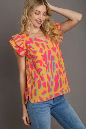 Hazel Blues® | Umgee Abstract Print V-Neck Double Layer Ruffle Sleeve Blouse