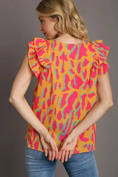 Hazel Blues® | Umgee Abstract Print V-Neck Double Layer Ruffle Sleeve Blouse