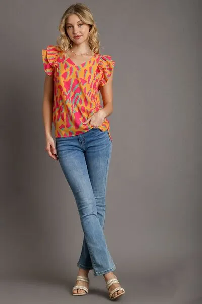 Hazel Blues® | Umgee Abstract Print V-Neck Double Layer Ruffle Sleeve Blouse