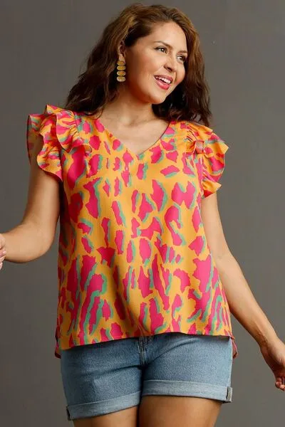 Hazel Blues® | Umgee Abstract Print V-Neck Double Layer Ruffle Sleeve Blouse