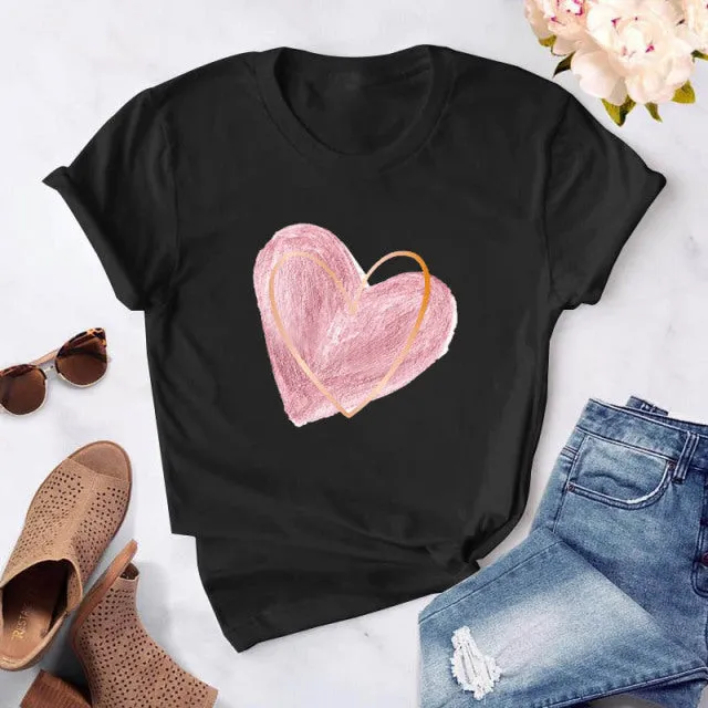 Heart flower print ladies T-shirt ladies O-collar white shirt short sleeve ladies T-shirt