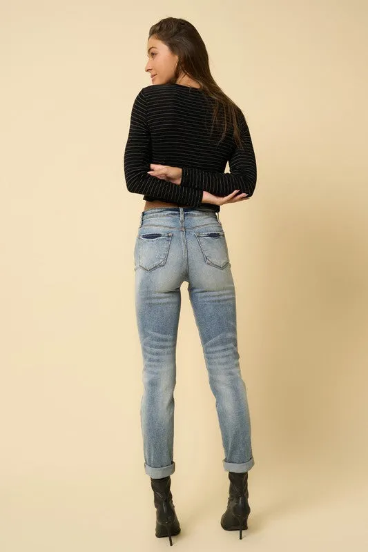 High Rise Girlfriend Straight Leg Distressed Jeans