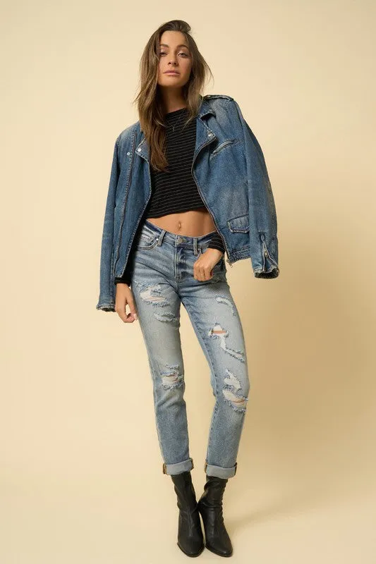 High Rise Girlfriend Straight Leg Distressed Jeans