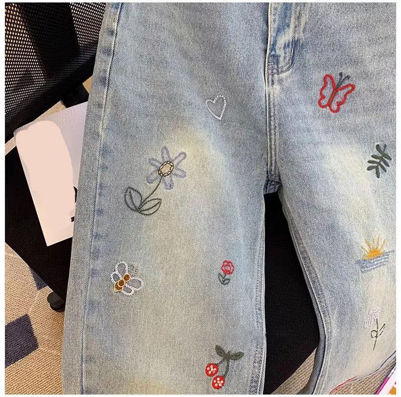 High Waist Garden Embroidered Long Jeans Pants