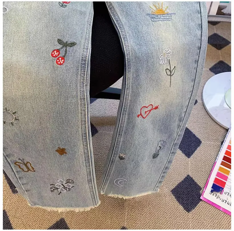 High Waist Garden Embroidered Long Jeans Pants