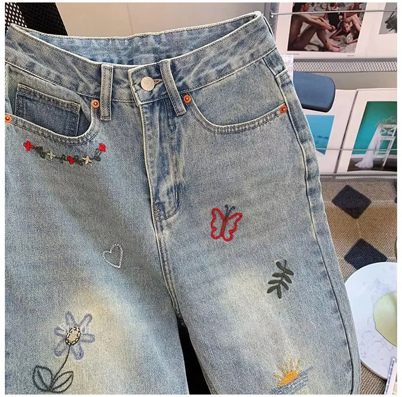 High Waist Garden Embroidered Long Jeans Pants