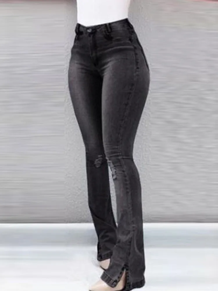 High Waist Ripped Bell-Bottom Jeans Women Pockets Design Casual Denim Pants