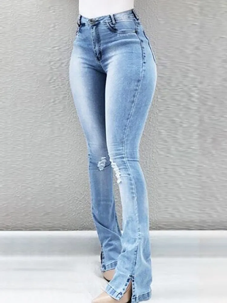 High Waist Ripped Bell-Bottom Jeans Women Pockets Design Casual Denim Pants