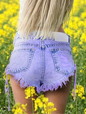 High-waisted Buckled Worn Bandage Denim Shorts