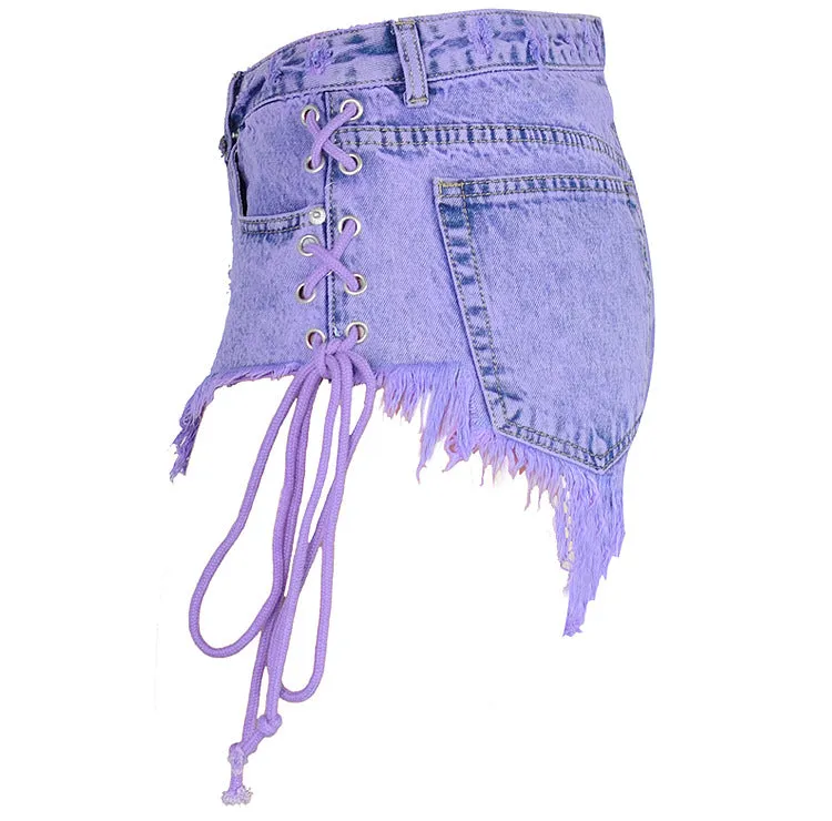 High-waisted Buckled Worn Bandage Denim Shorts