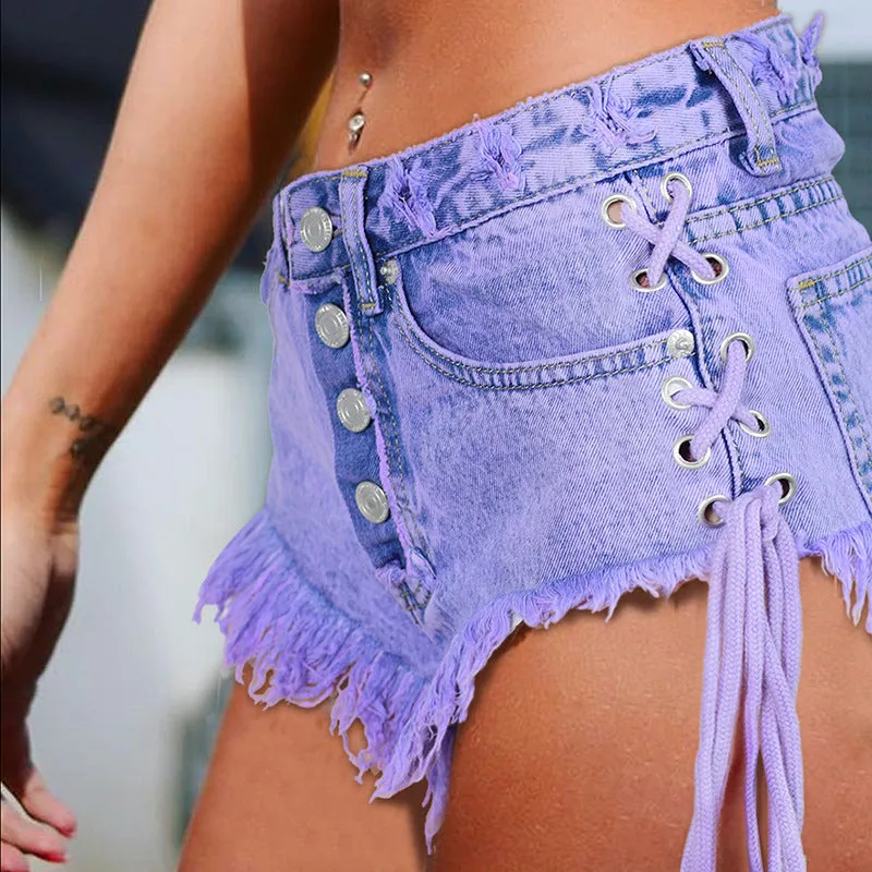 High-waisted Buckled Worn Bandage Denim Shorts