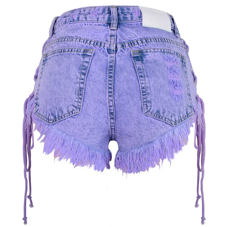 High-waisted Buckled Worn Bandage Denim Shorts