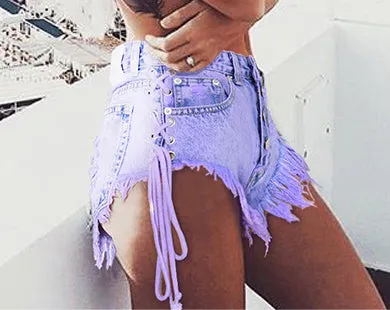 High-waisted Buckled Worn Bandage Denim Shorts