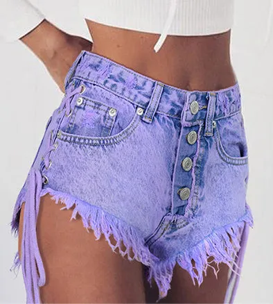 High-waisted Buckled Worn Bandage Denim Shorts