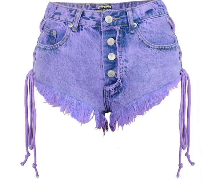 High-waisted Buckled Worn Bandage Denim Shorts