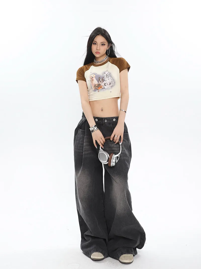 Hilary Washed Denim Grey High Waist Adjustable Wide Leg Loose Jeans Pants