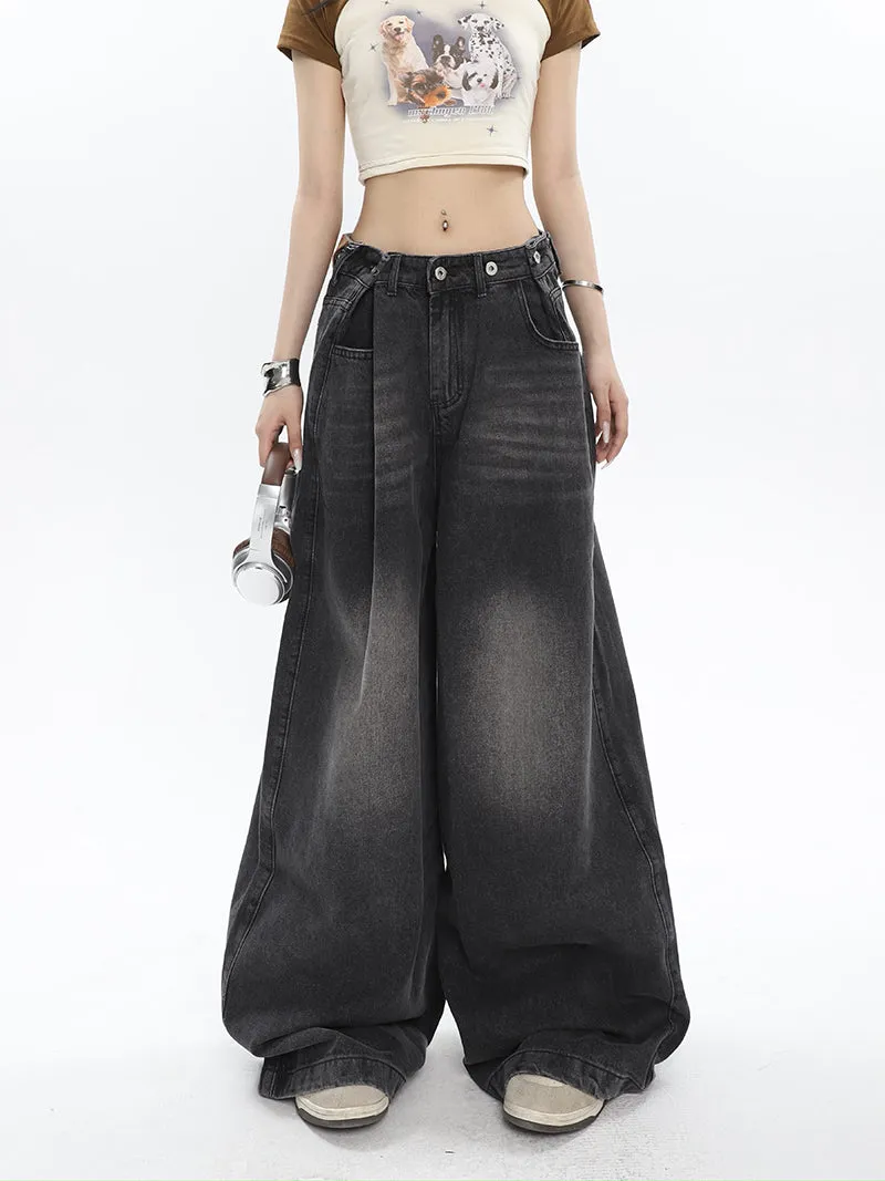 Hilary Washed Denim Grey High Waist Adjustable Wide Leg Loose Jeans Pants