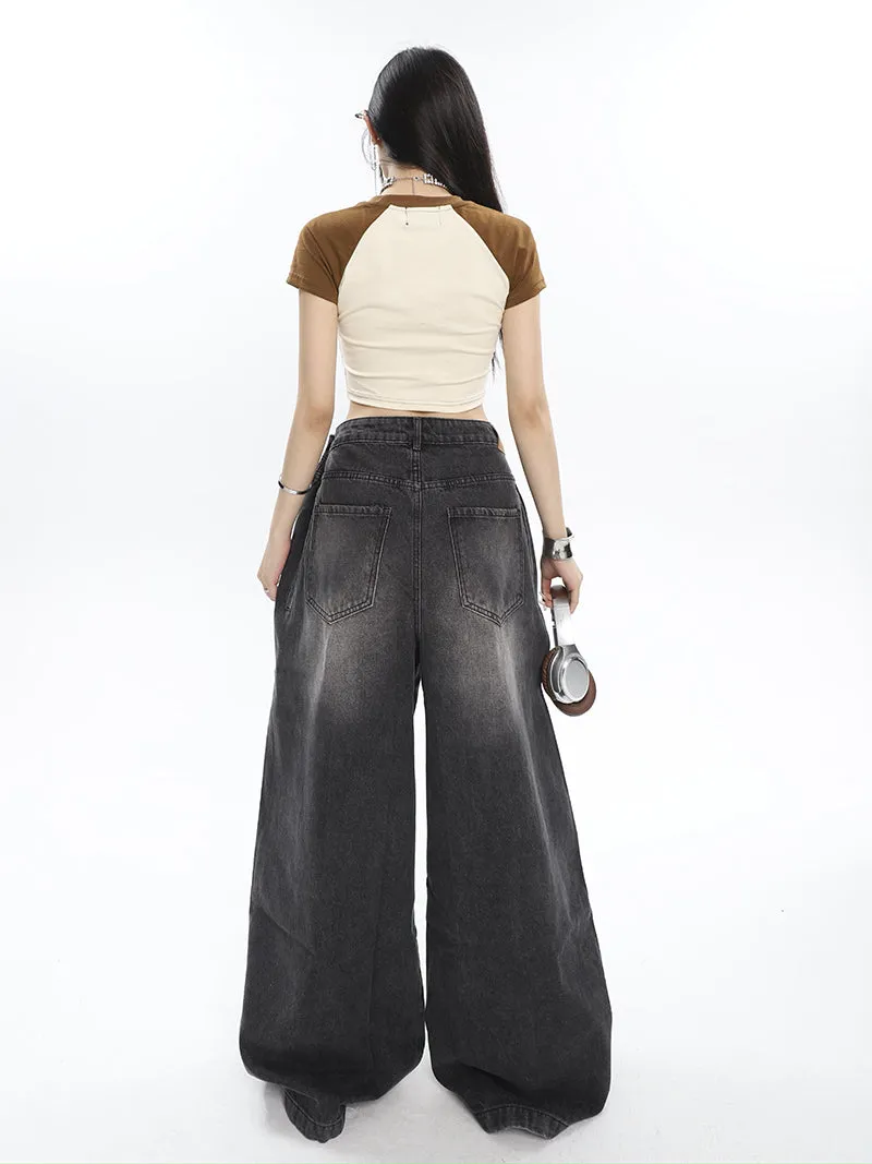 Hilary Washed Denim Grey High Waist Adjustable Wide Leg Loose Jeans Pants