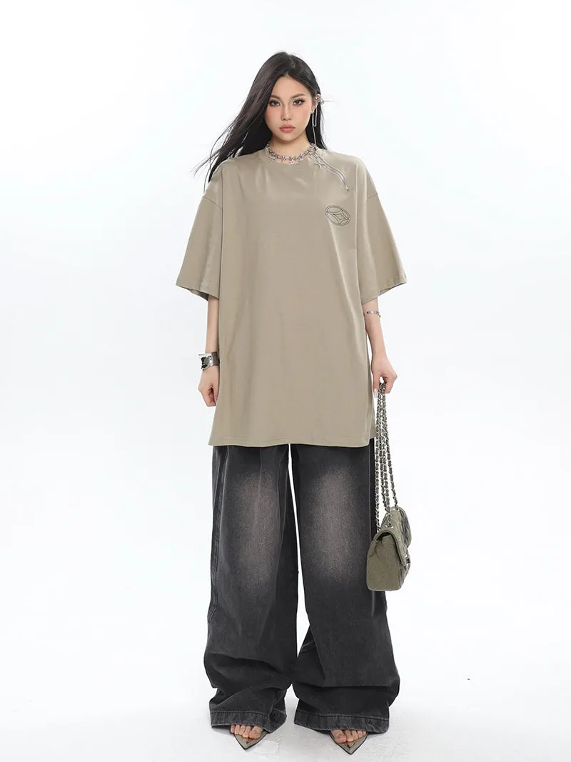 Hilary Washed Denim Grey High Waist Adjustable Wide Leg Loose Jeans Pants