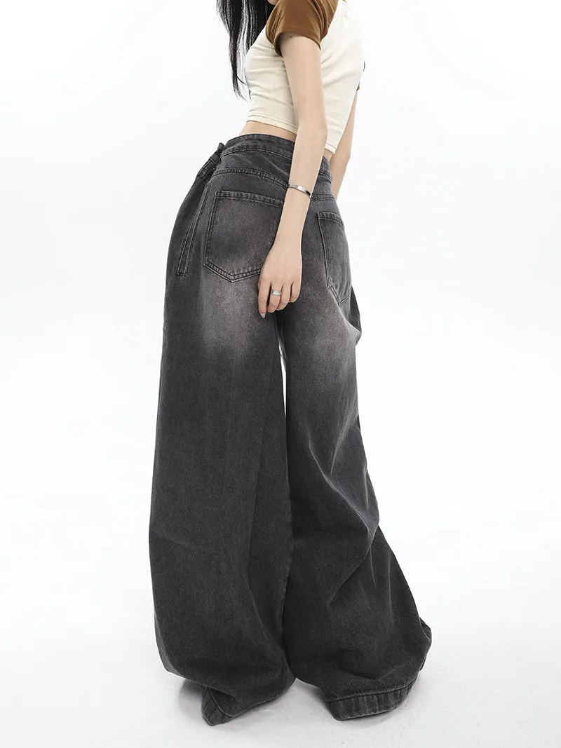 Hilary Washed Denim Grey High Waist Adjustable Wide Leg Loose Jeans Pants