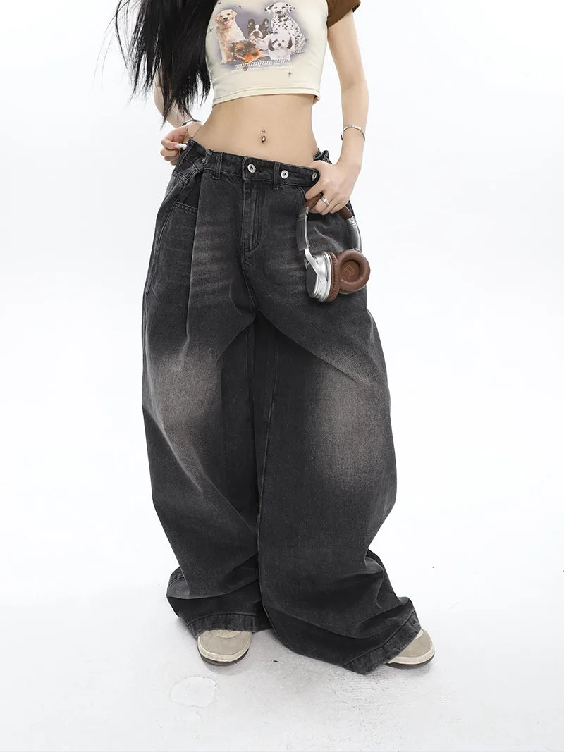 Hilary Washed Denim Grey High Waist Adjustable Wide Leg Loose Jeans Pants