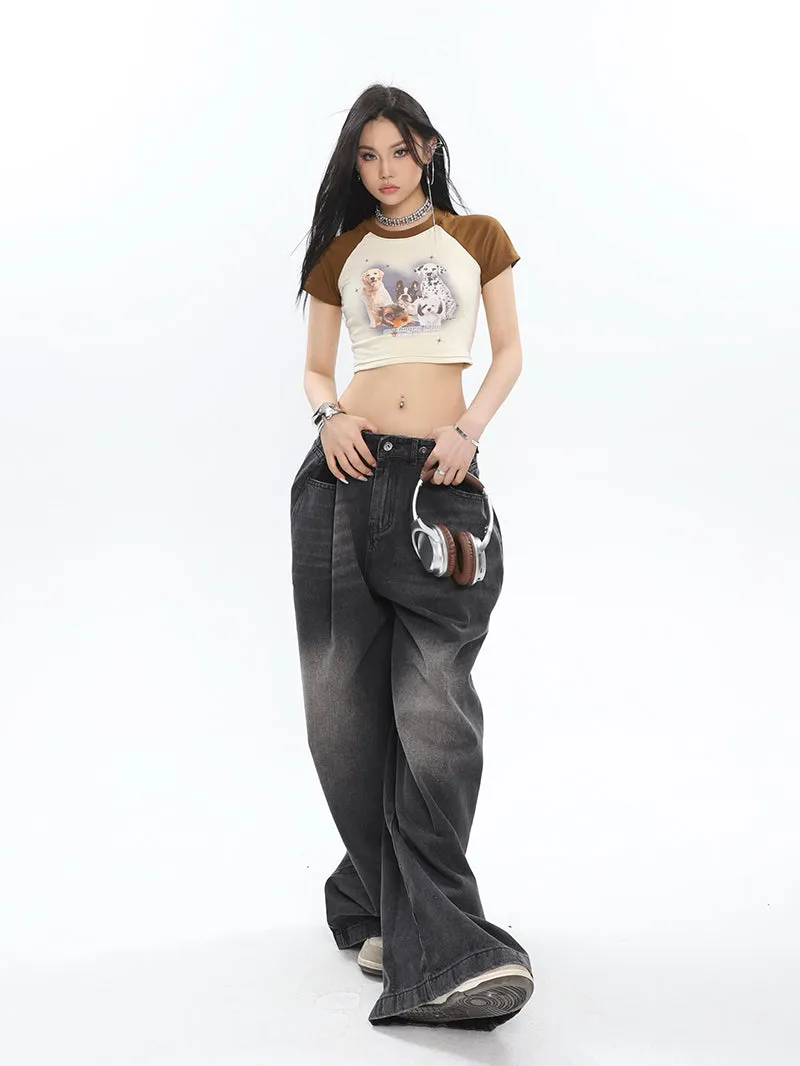 Hilary Washed Denim Grey High Waist Adjustable Wide Leg Loose Jeans Pants