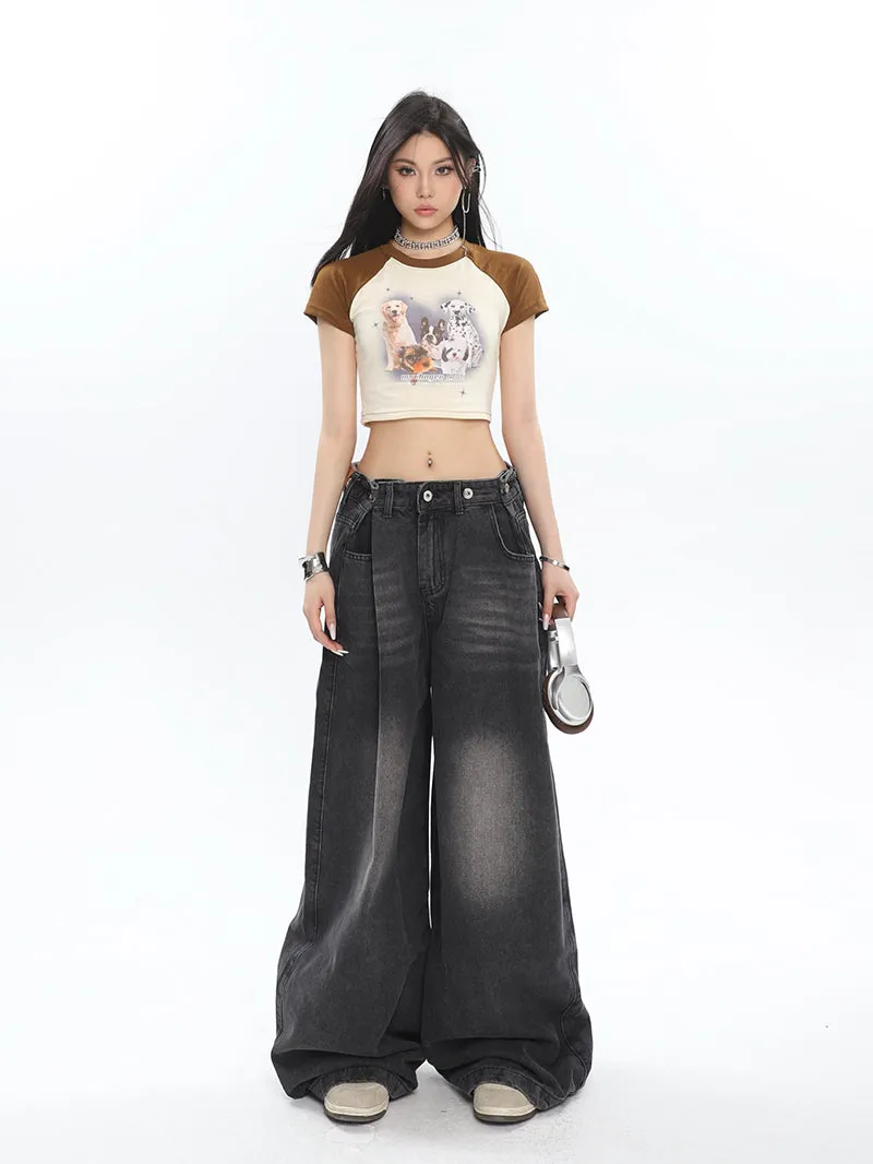 Hilary Washed Denim Grey High Waist Adjustable Wide Leg Loose Jeans Pants