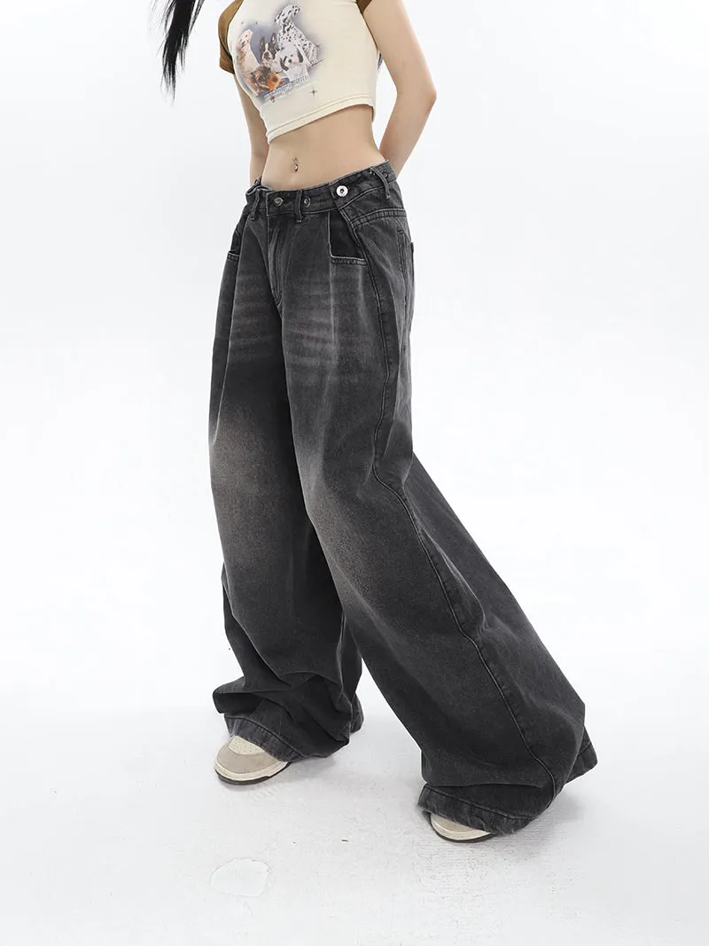 Hilary Washed Denim Grey High Waist Adjustable Wide Leg Loose Jeans Pants