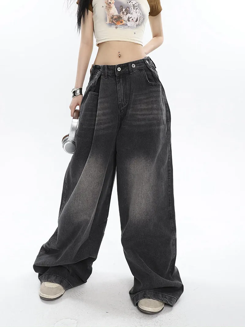 Hilary Washed Denim Grey High Waist Adjustable Wide Leg Loose Jeans Pants