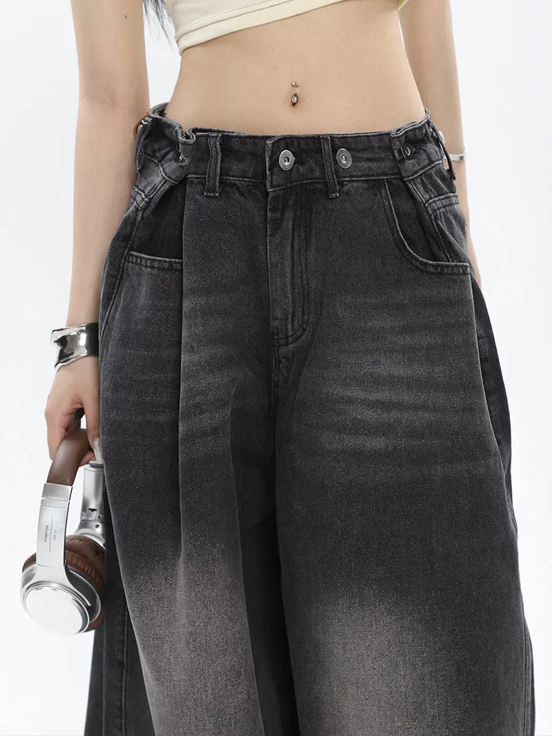 Hilary Washed Denim Grey High Waist Adjustable Wide Leg Loose Jeans Pants