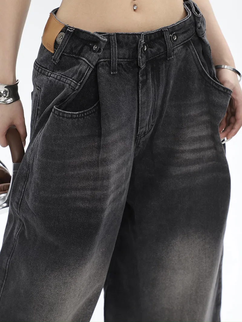 Hilary Washed Denim Grey High Waist Adjustable Wide Leg Loose Jeans Pants