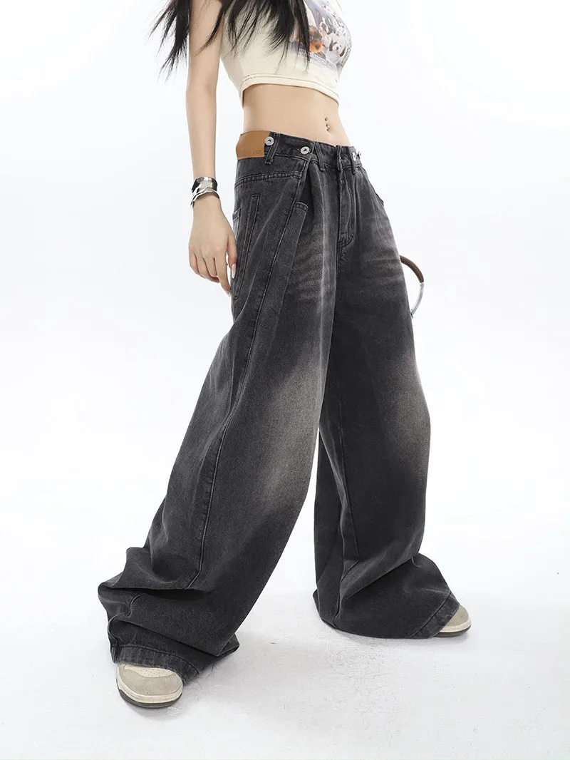 Hilary Washed Denim Grey High Waist Adjustable Wide Leg Loose Jeans Pants