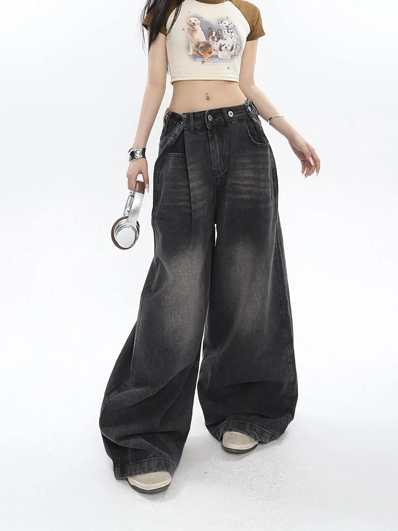 Hilary Washed Denim Grey High Waist Adjustable Wide Leg Loose Jeans Pants