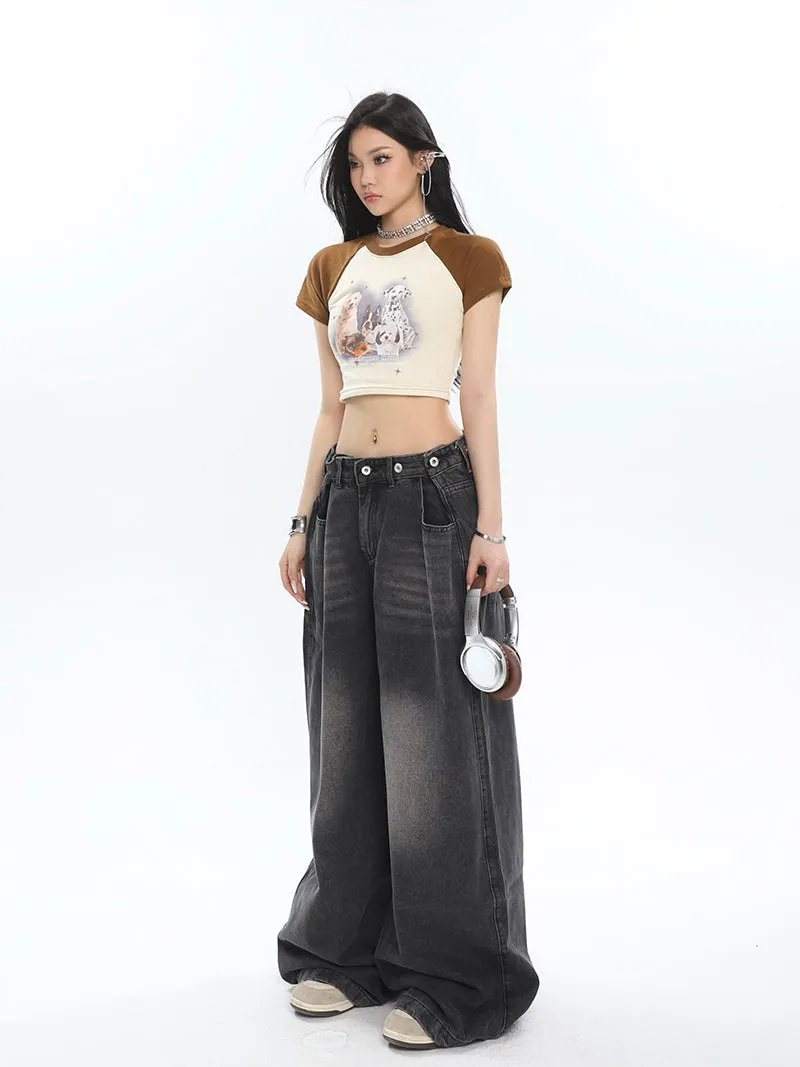 Hilary Washed Denim Grey High Waist Adjustable Wide Leg Loose Jeans Pants