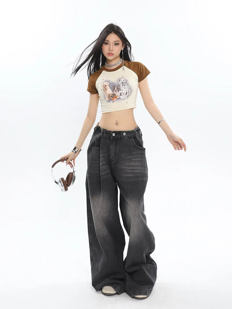 Hilary Washed Denim Grey High Waist Adjustable Wide Leg Loose Jeans Pants
