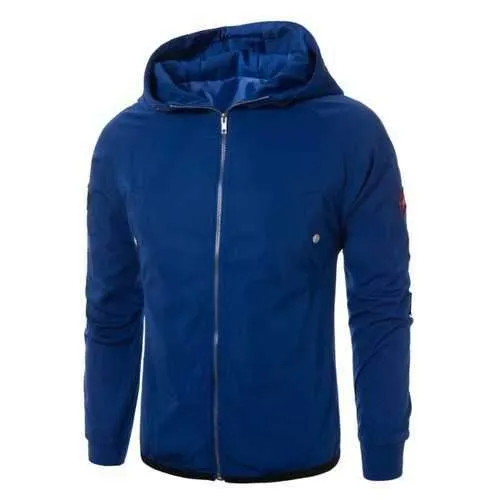 Hooded Raglan Sleeve Appliques Zip Up Jacket - Blue M