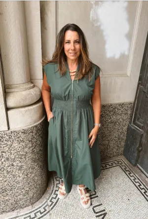 Hunter Green V Neck Zip Up Dress