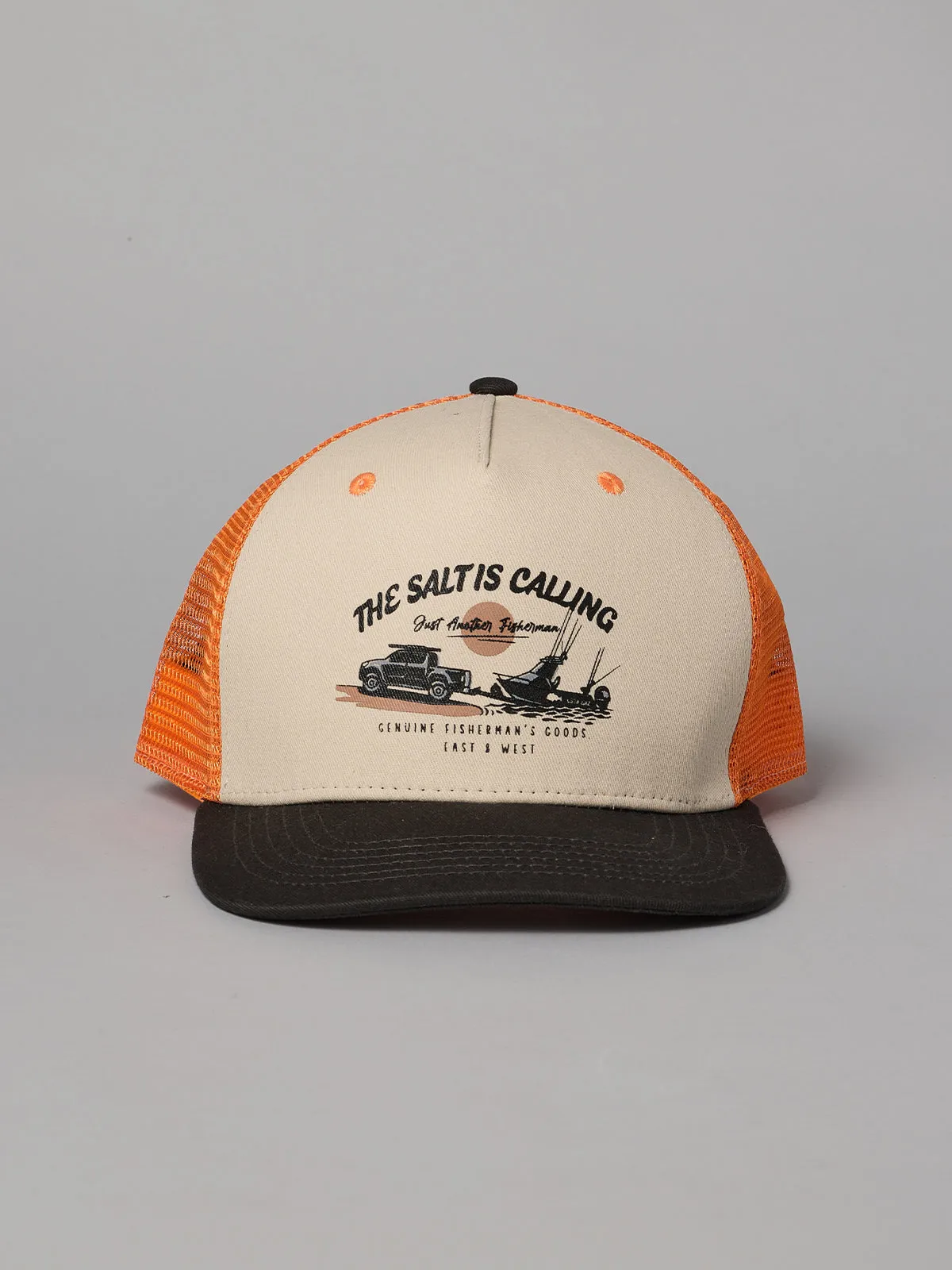 JUST ANOTHER FISHERMAN SALT IS CALLING TRUCKER CAP - ANTIQUE WHITE/ORANGE