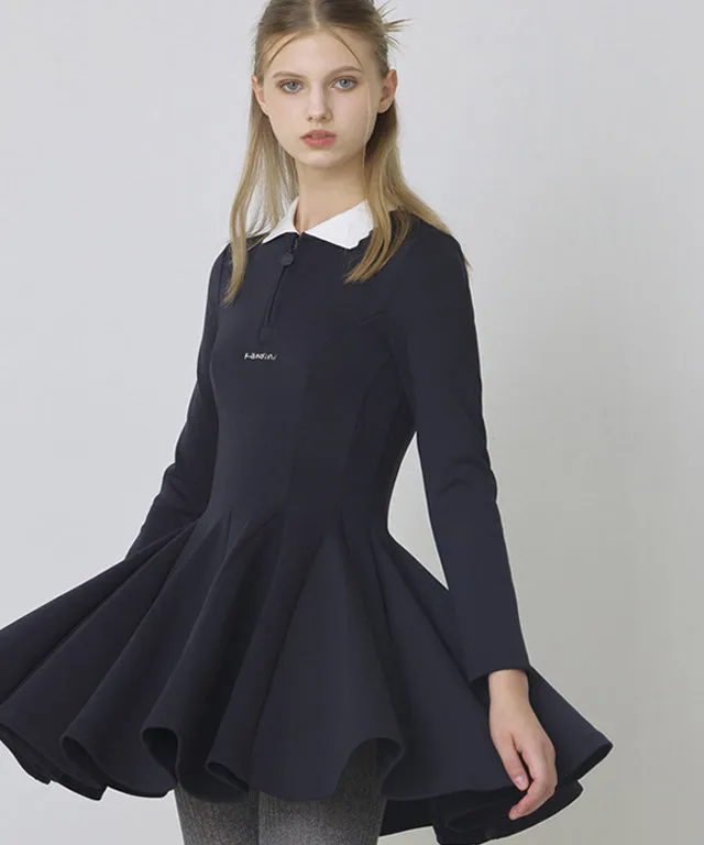 KANDINI Zip-Up Flared Dress - Navy