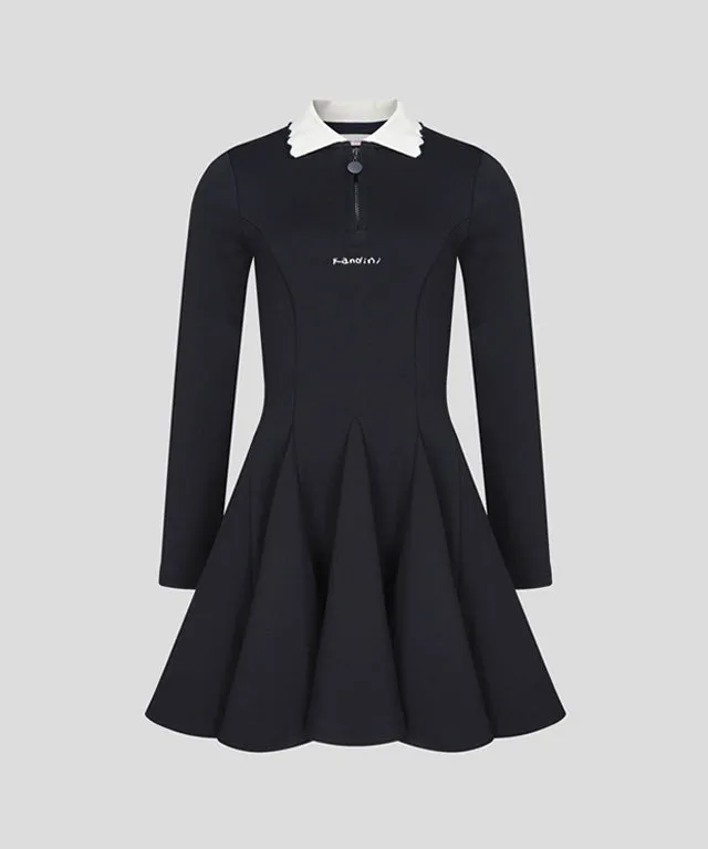 KANDINI Zip-Up Flared Dress - Navy