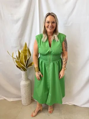 Kelly Green V Neck Zip Up Dress