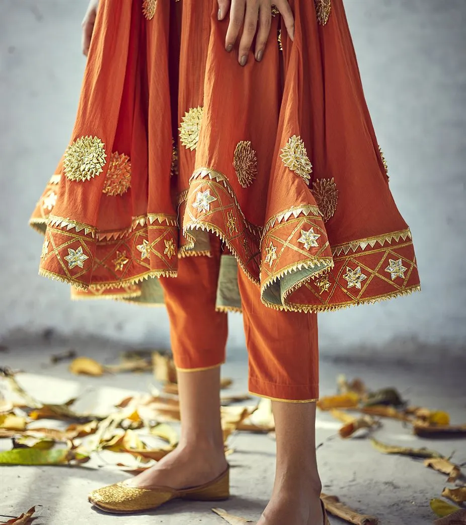 Khara Kapas Chelsea gota hem neck Narangi Poshak set of 2 KW632 Festive
