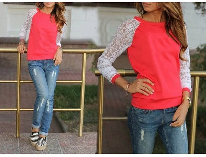 Lace Blouse Shirt female Long Sleeve Blouse Shirt Blouse Shirt Tops Solid O Neck Casual clothing
