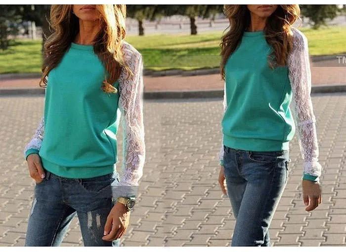 Lace Blouse Shirt female Long Sleeve Blouse Shirt Blouse Shirt Tops Solid O Neck Casual clothing
