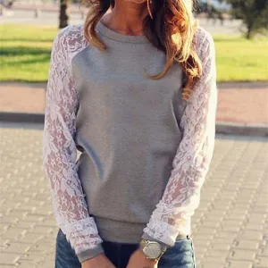 Lace Blouse Shirt female Long Sleeve Blouse Shirt Blouse Shirt Tops Solid O Neck Casual clothing